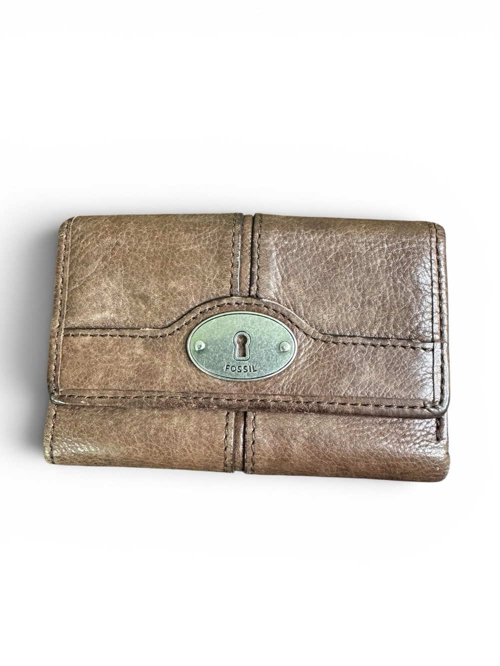 Fossil Brown Leather Trifold Wallet with Metal Keyhole Plaque